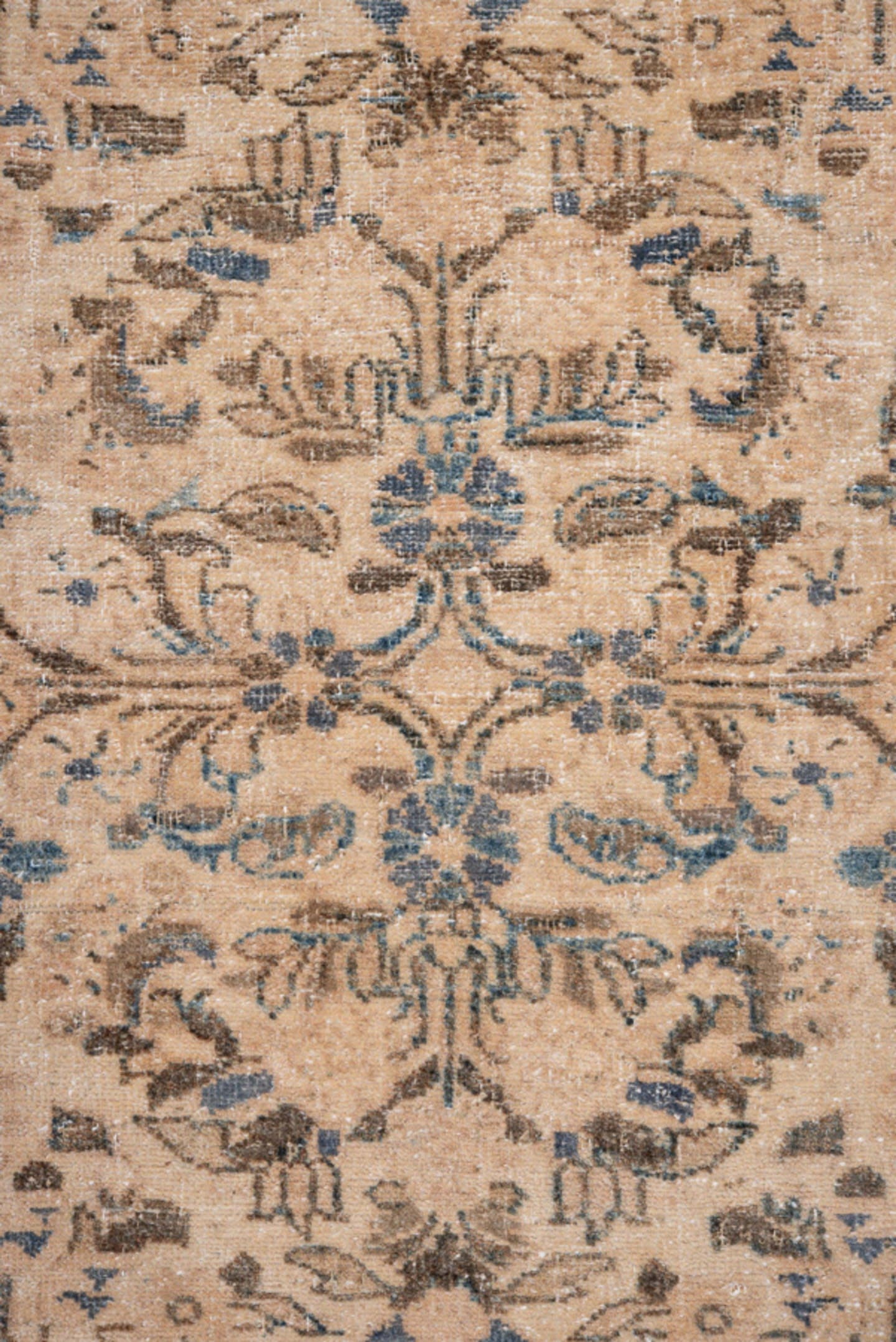 2' x 6' one-of-a-kind handmade antique Lilian runner rug. Color palette: ivory, sky blue, brown, taupe, beige, light blue