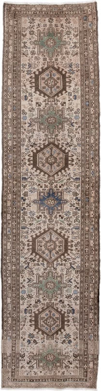 2' x 9' one-of-a-kind handmade antique Karaje runner rug. Color palette: ivory, brown, taupe, slate blue, sage, charcoal