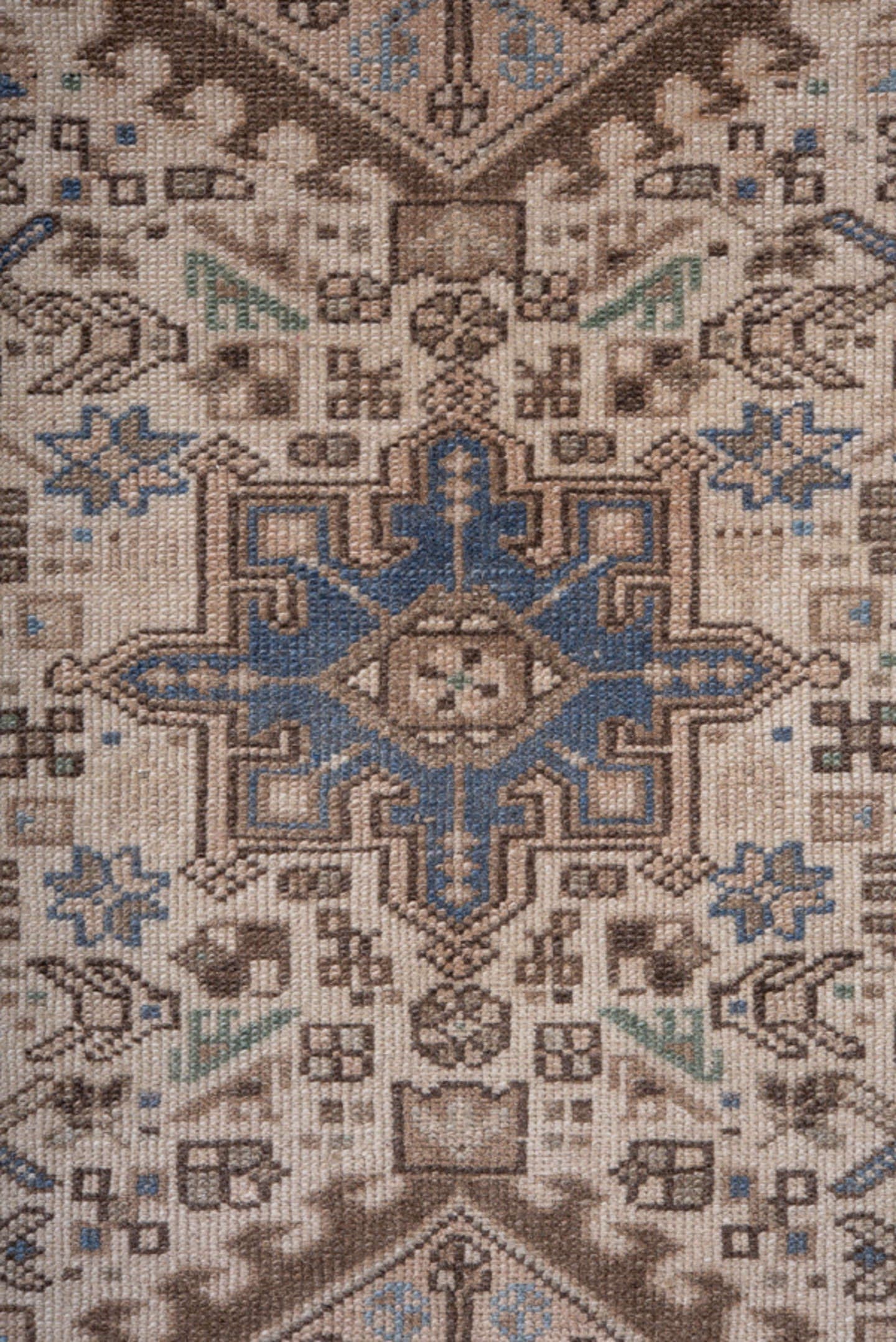 2' x 9' one-of-a-kind handmade antique Karaje runner rug. Color palette: ivory, brown, taupe, slate blue, sage, charcoal