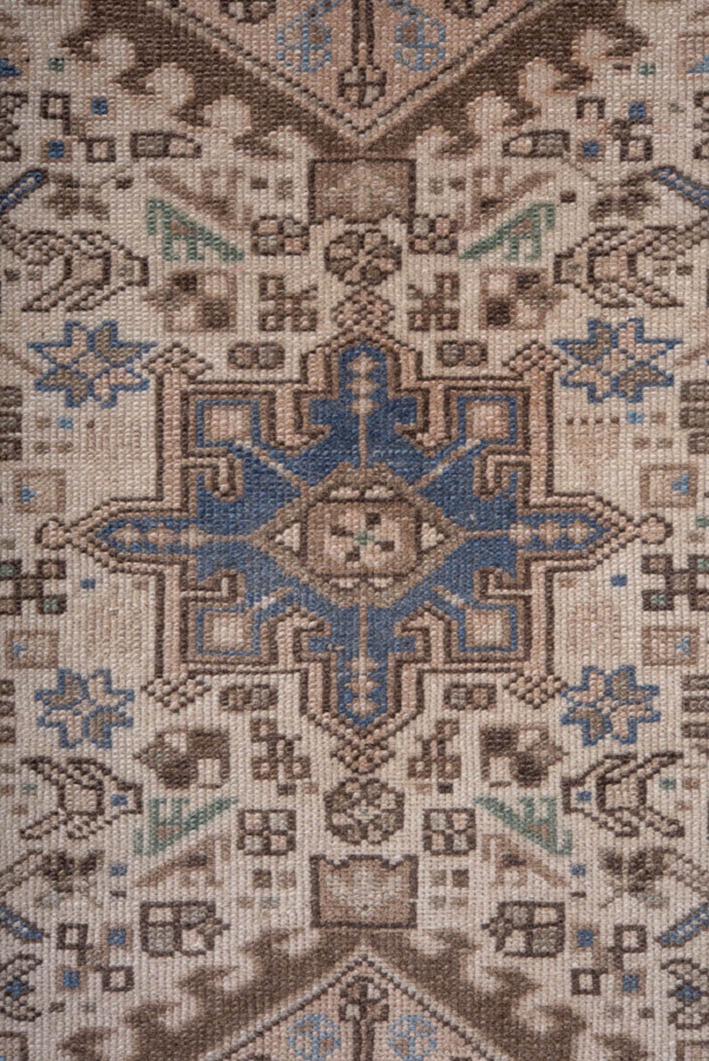 2' x 9' one-of-a-kind handmade antique Karaje runner rug. Color palette: ivory, brown, taupe, slate blue, sage, charcoal