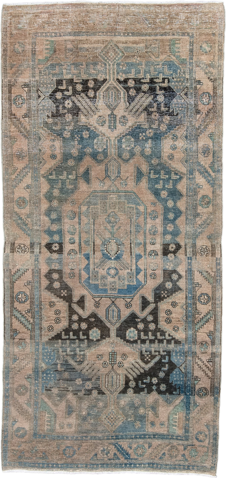 3' x 8' one-of-a-kind handmade antique Bidjar runner rug. Color palette: beige, sky_blue, ivory, charcoal, taupe, slate