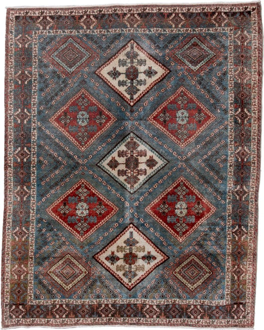 4' x 5' one-of-a-kind handmade antique Afshar small size rug. Color palette: sky blue, rust, ivory, deep brown, slate