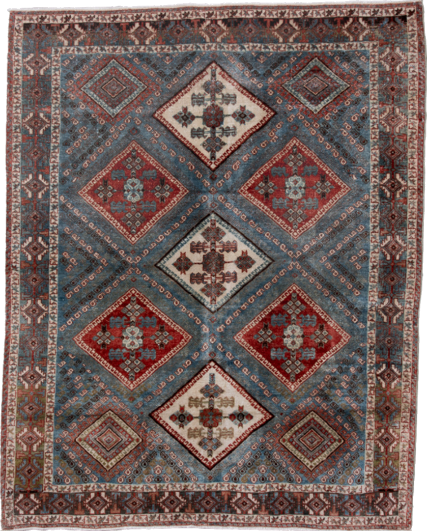 4' x 5' one-of-a-kind handmade vintage Afshar small size rug. Color palette: black, blue, brown, charcoal, gray, light gray