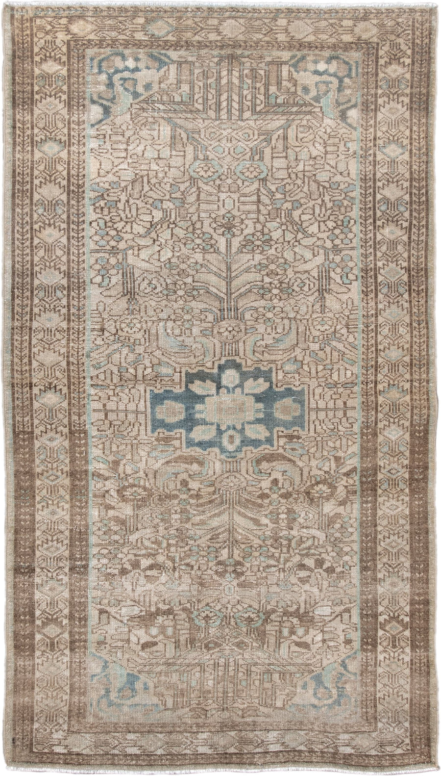 3' x 6' one-of-a-kind handmade antique Malayer small size rug. Color palette: ivory, taupe, brown, sky_blue, beige, gray