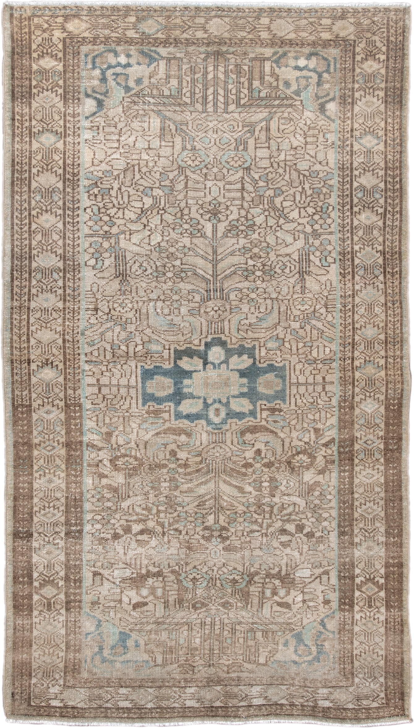 3' x 6' one-of-a-kind handmade antique Malayer small size rug. Color palette: ivory, taupe, brown, sky_blue, beige, gray