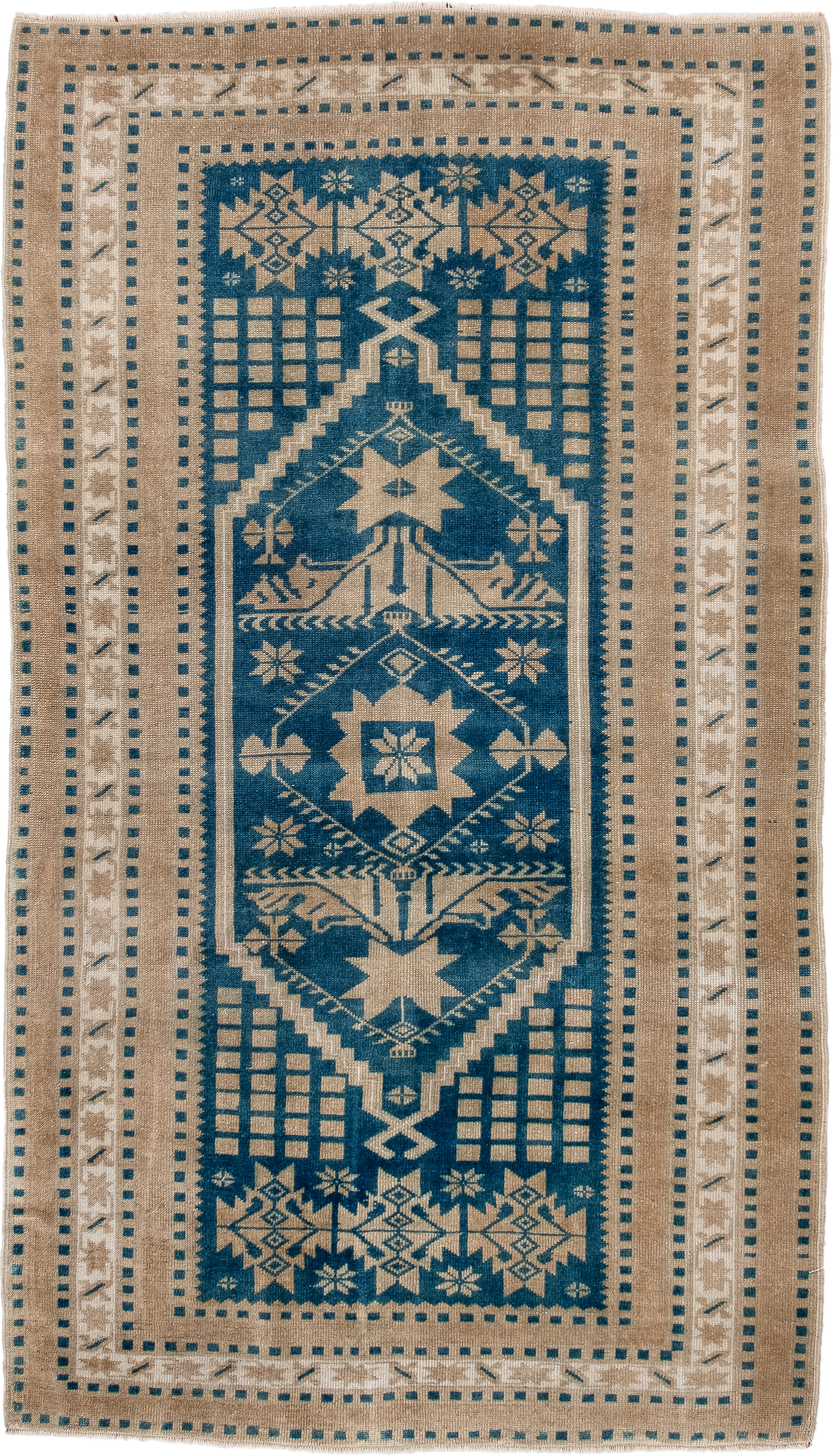 3' x 6' one-of-a-kind handmade antique Anatolian small size rug. Color palette: ivory, teal, camel, beige