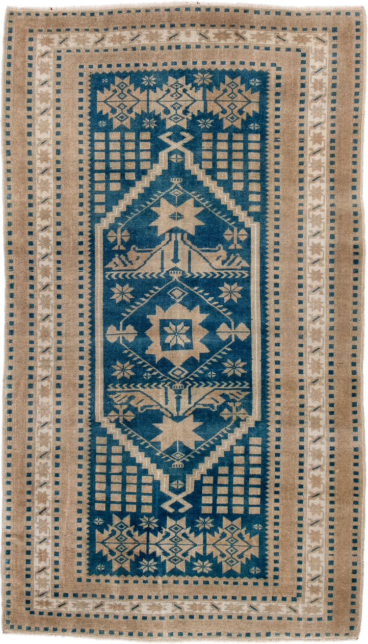 3' x 6' one-of-a-kind handmade antique Anatolian small size rug. Color palette: ivory, teal, camel, beige