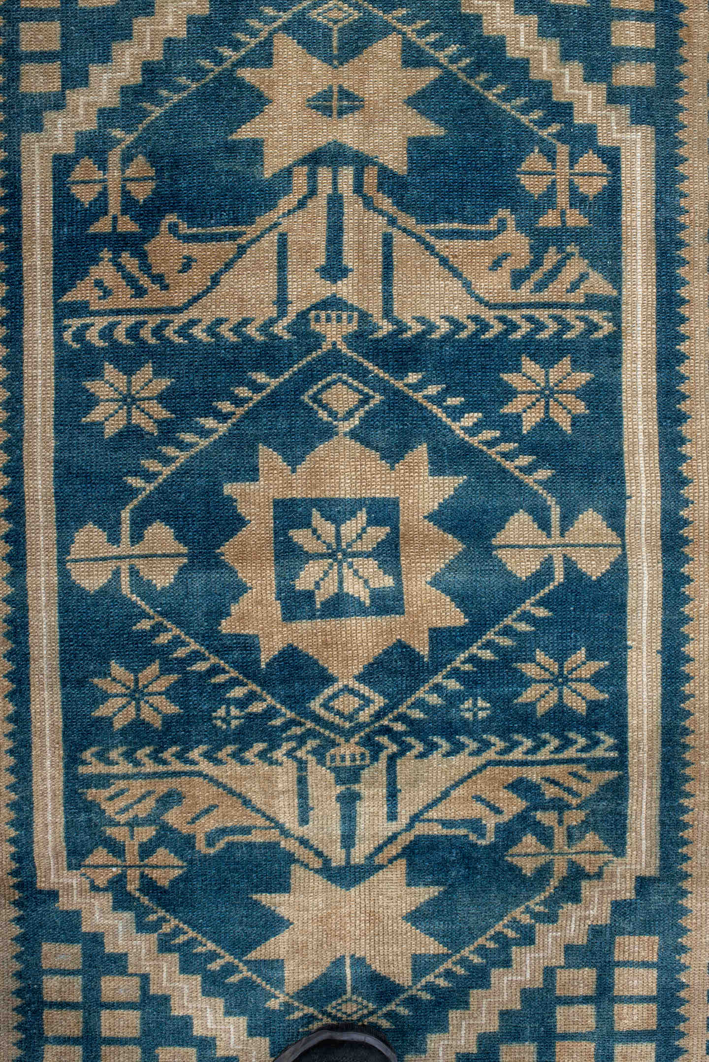 3' x 6' one-of-a-kind handmade antique Anatolian small size rug. Color palette: ivory, teal, camel, beige