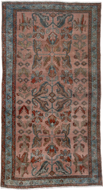 3' x 6' one-of-a-kind handmade antique Lilian small size rug. Color palette: rose, sky blue, rust, sage, ivory, taupe, pink