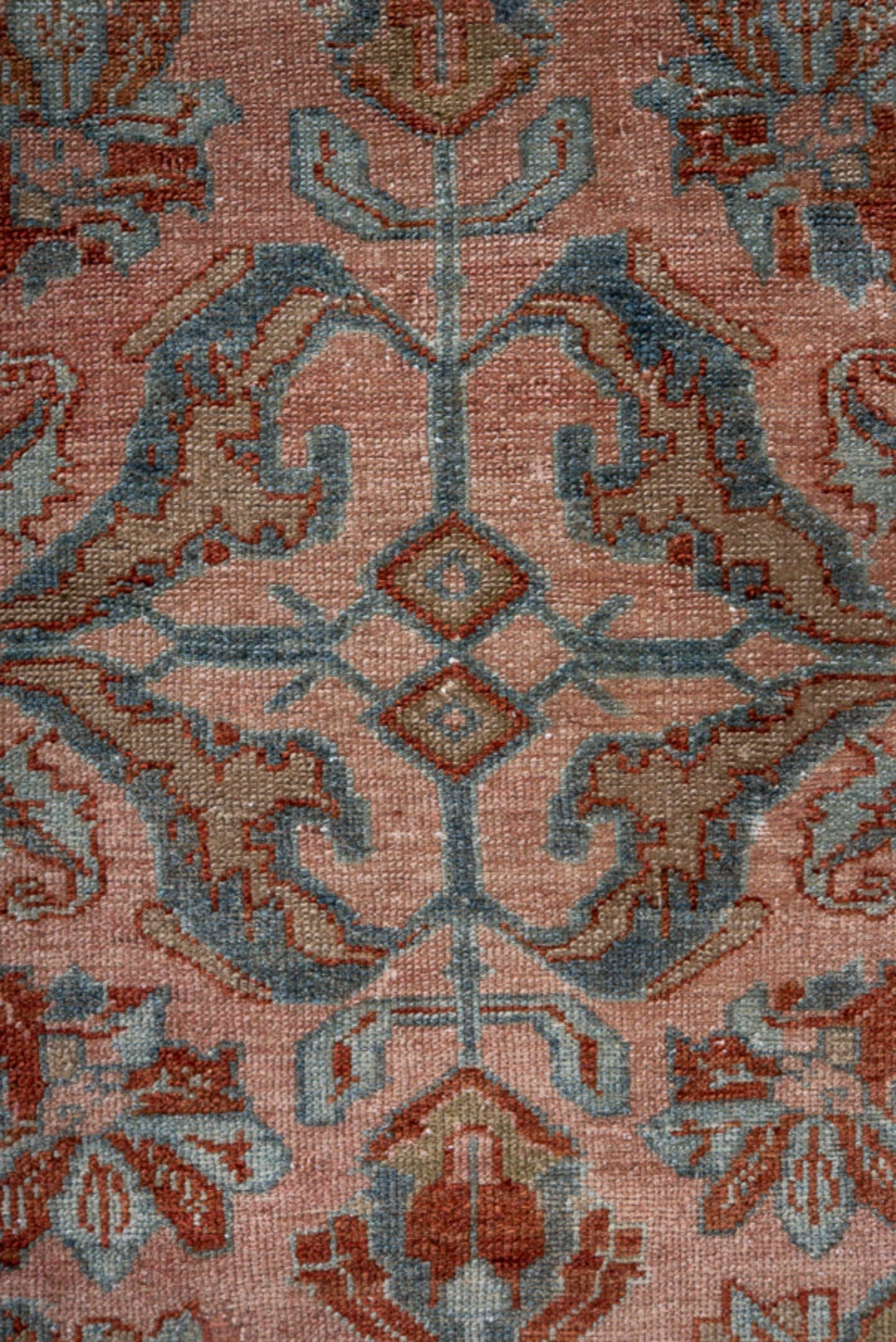 3' x 6' one-of-a-kind handmade antique Lilian small size rug. Color palette: rose, sky blue, rust, sage, ivory, taupe, pink