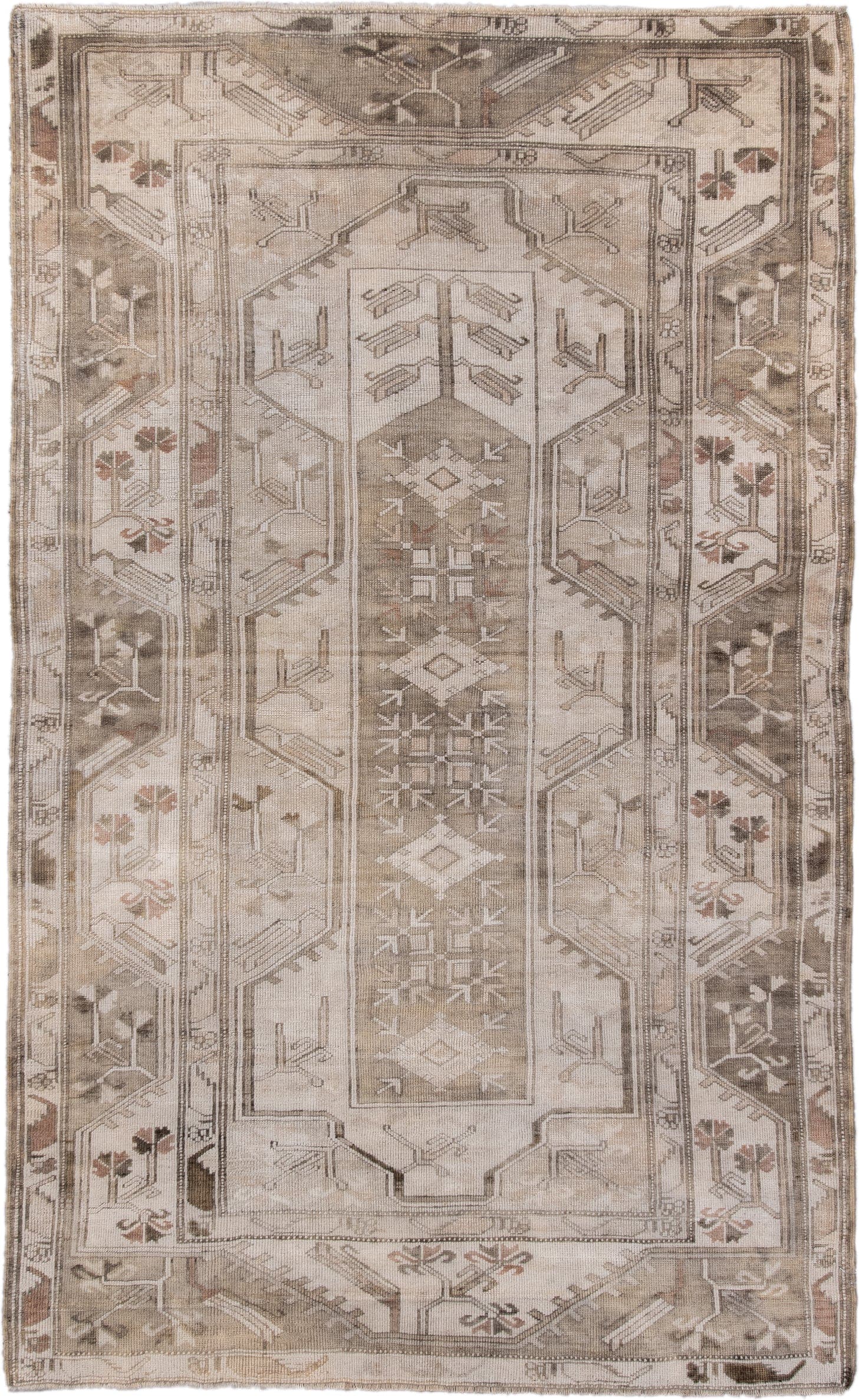 4' x 7' one-of-a-kind handmade antique Oushak rug. Color palette: ivory, taupe, beige, camel, brown, rose, sage, gray, pink