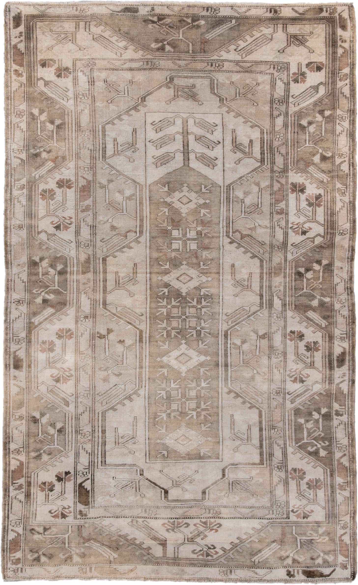 4' x 7' one-of-a-kind handmade antique Oushak rug. Color palette: ivory, taupe, beige, camel, brown, rose, sage, gray, pink