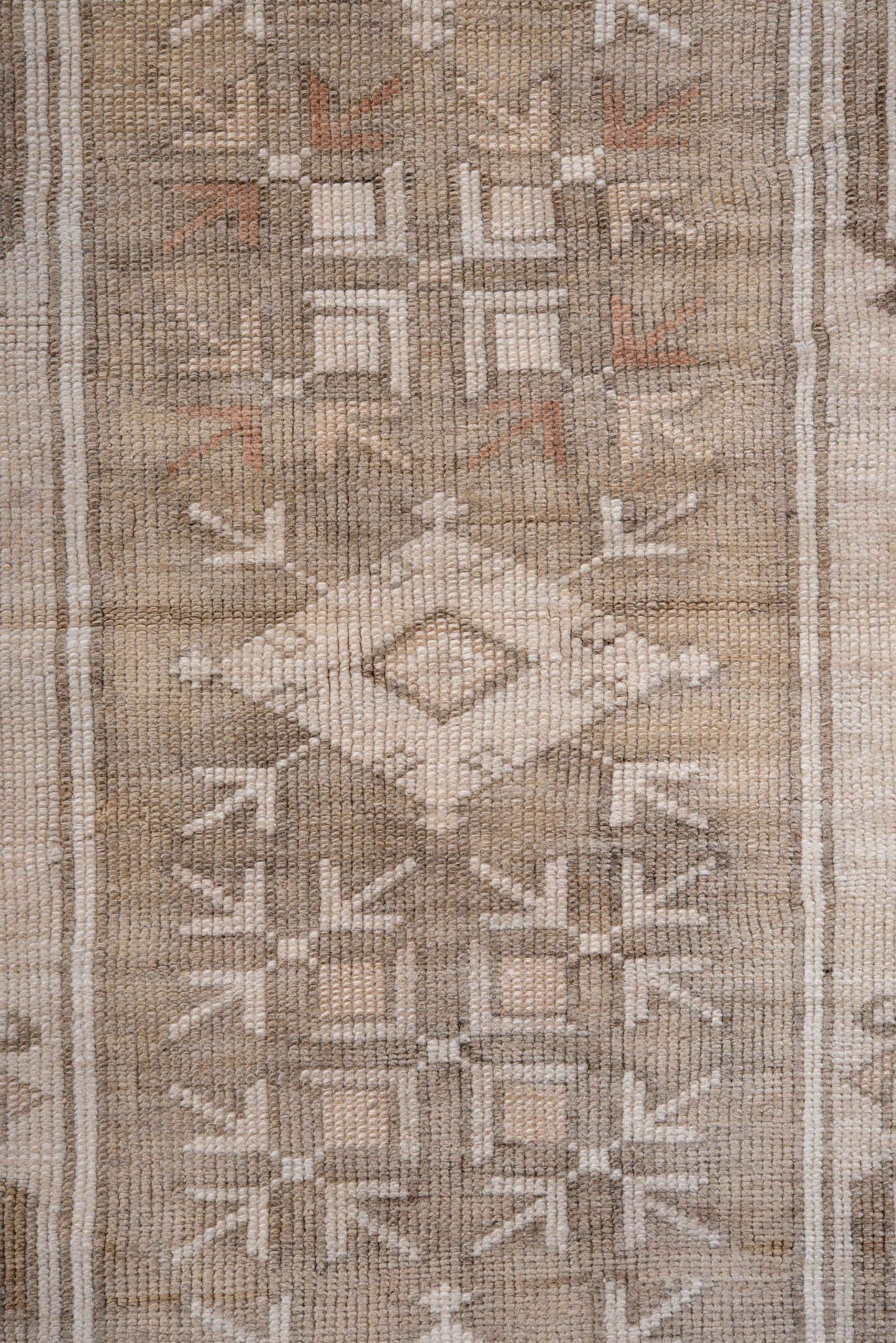 4' x 7' one-of-a-kind handmade antique Oushak rug. Color palette: ivory, taupe, beige, camel, brown, rose, sage, gray, pink