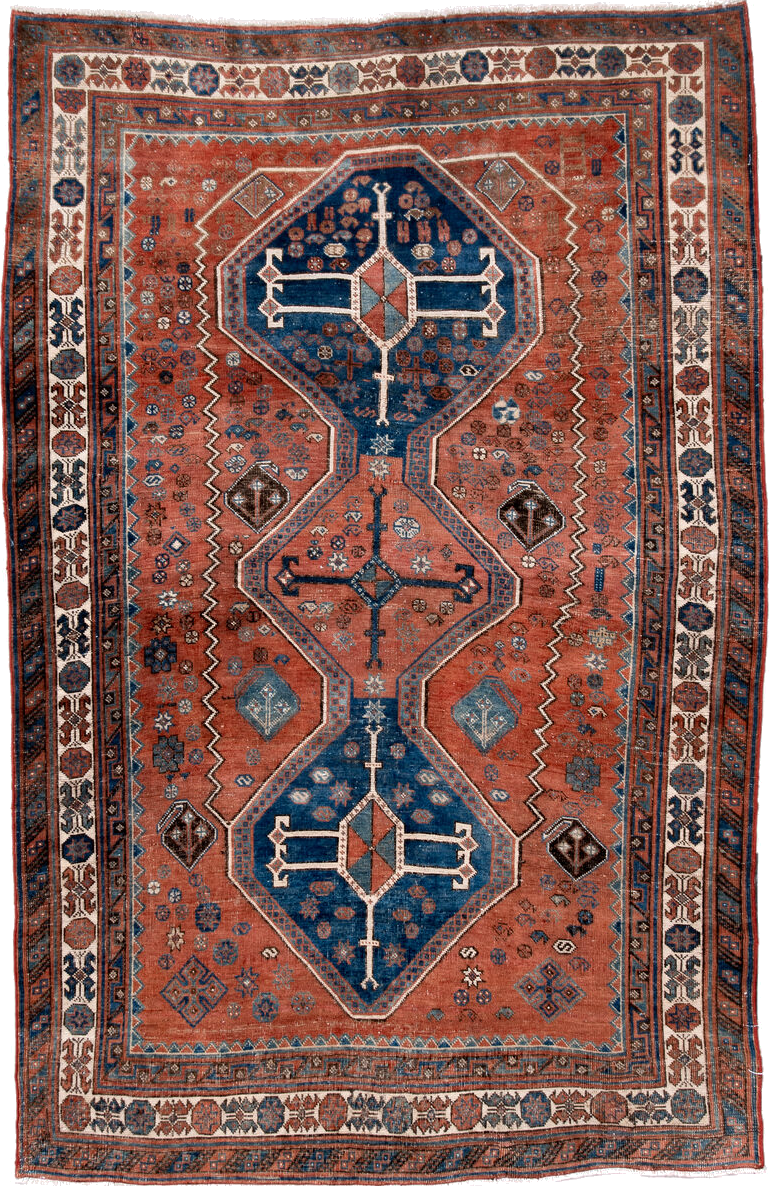 4' x 6' one-of-a-kind handmade vintage Afshar small size rug. Color palette: arapawa, blue, brown, dark gray, gray