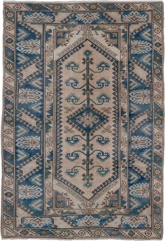 3' x 5' one-of-a-kind handmade antique Oushak small size rug. Color palette: ivory, sky blue, teal, taupe, brown, sage