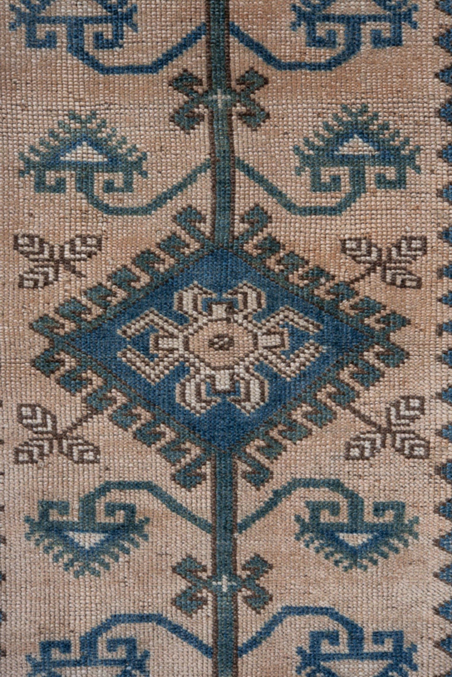 3' x 5' one-of-a-kind handmade antique Oushak small size rug. Color palette: ivory, sky blue, teal, taupe, brown, sage