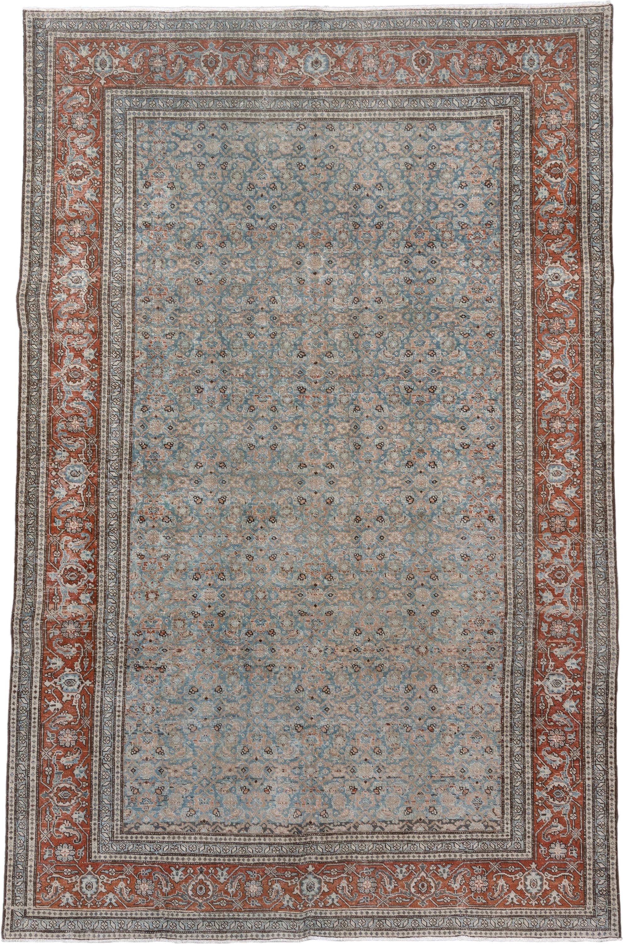 6' x 9' one-of-a-kind handmade vintage Tabriz medium size rug. Color palette: pale blue, rust, ivory, taupe, slate, charcoal