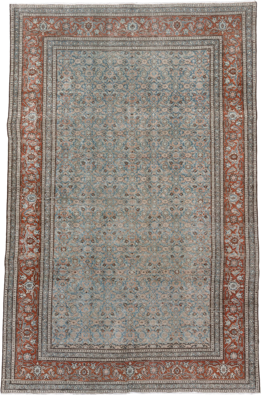 6' x 9' one-of-a-kind handmade vintage Tabriz medium size rug. Color palette: pale blue, rust, ivory, taupe, slate, charcoal
