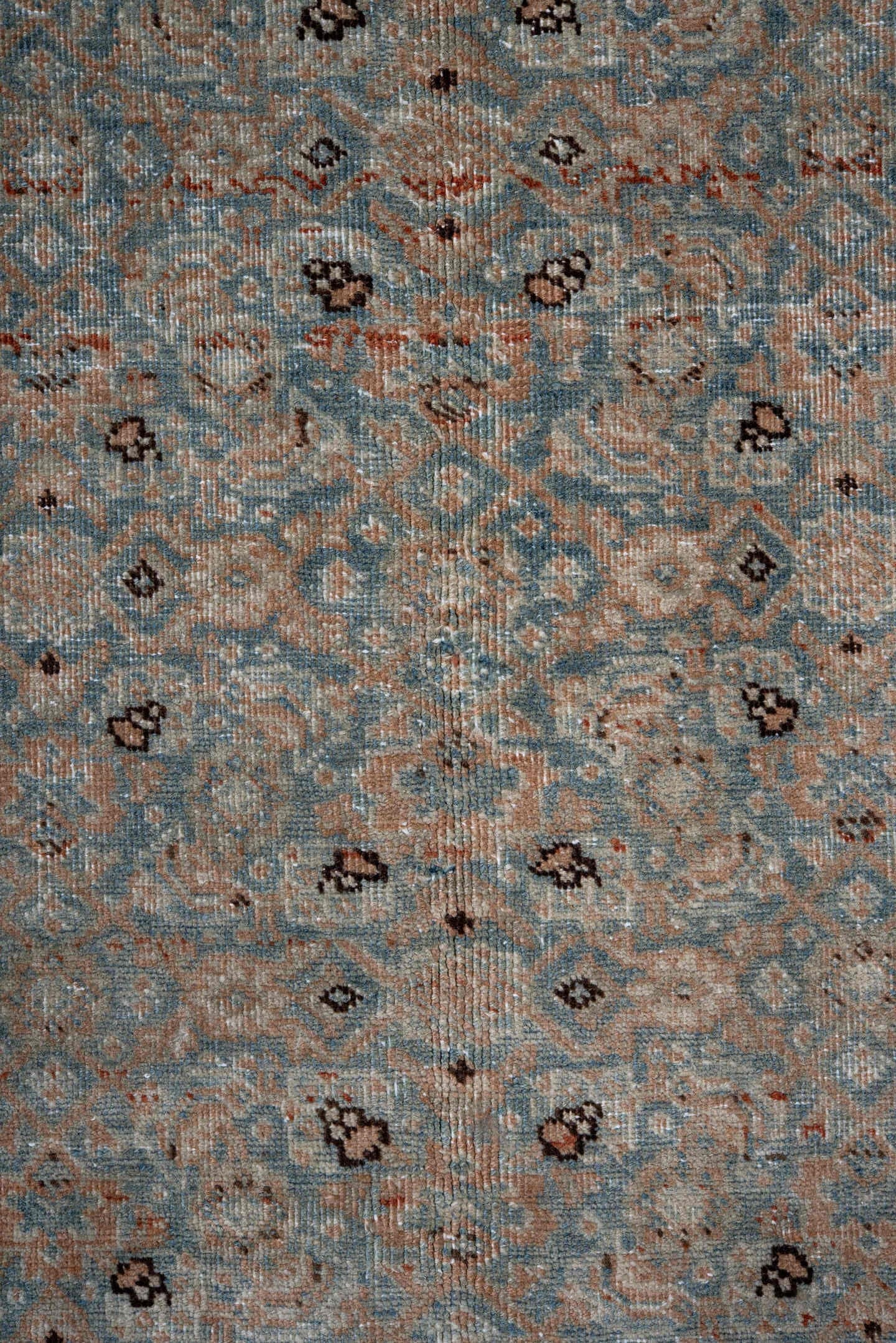 6' x 9' one-of-a-kind handmade vintage Tabriz medium size rug. Color palette: pale blue, rust, ivory, taupe, slate, charcoal