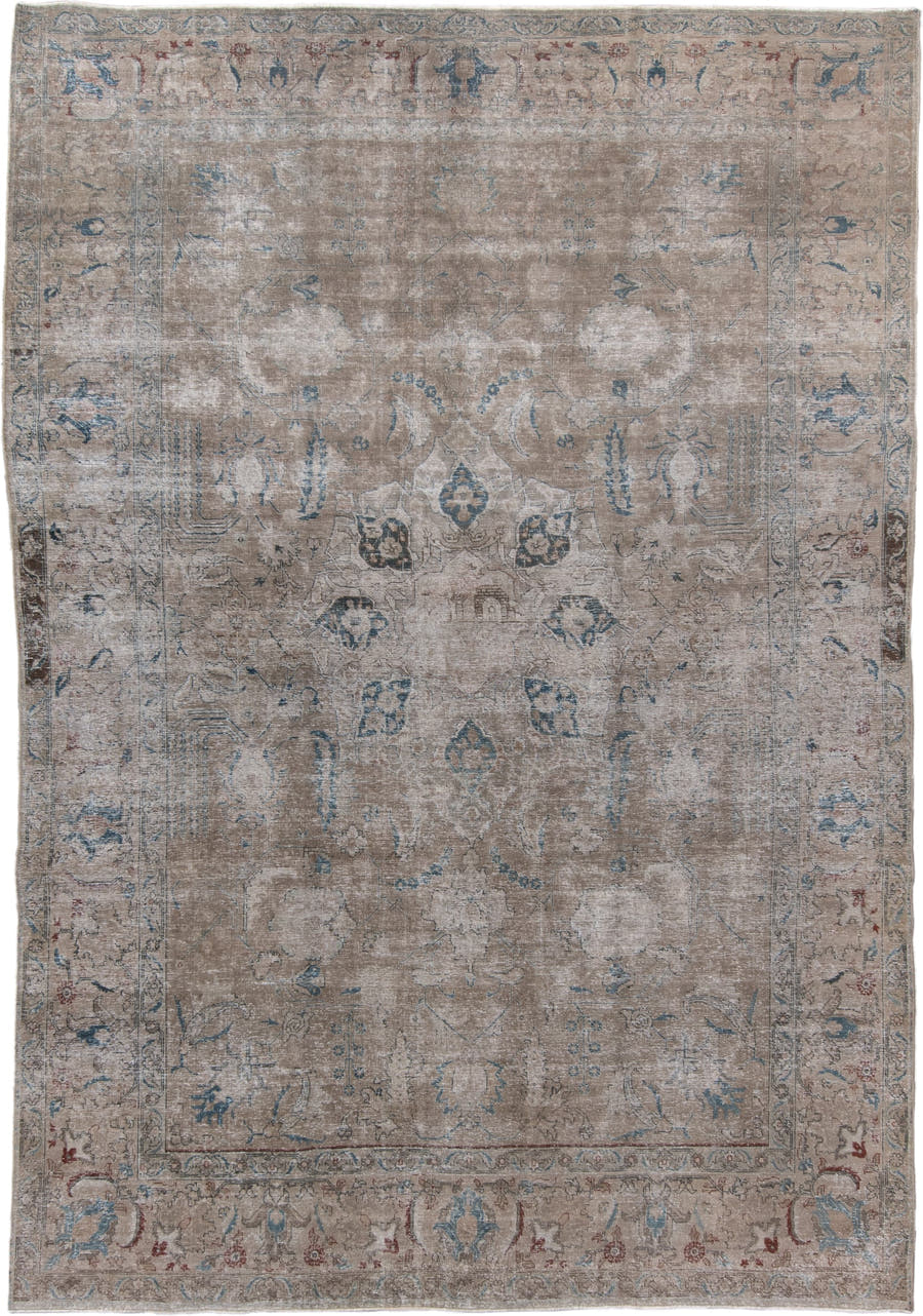 7' x 10' one-of-a-kind handmade vintage Tabriz large size rug. Color palette: taupe, ivory, powder_blue, beige, rose, slate