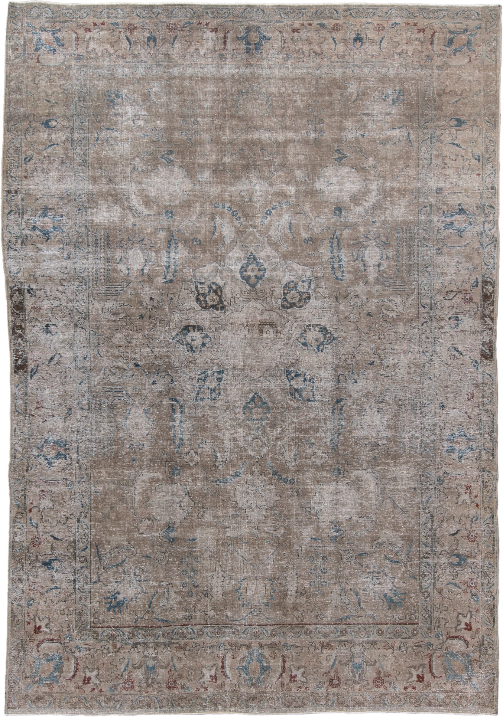 7' x 10' one-of-a-kind handmade vintage Tabriz large size rug. Color palette: taupe, ivory, powder_blue, beige, rose, slate