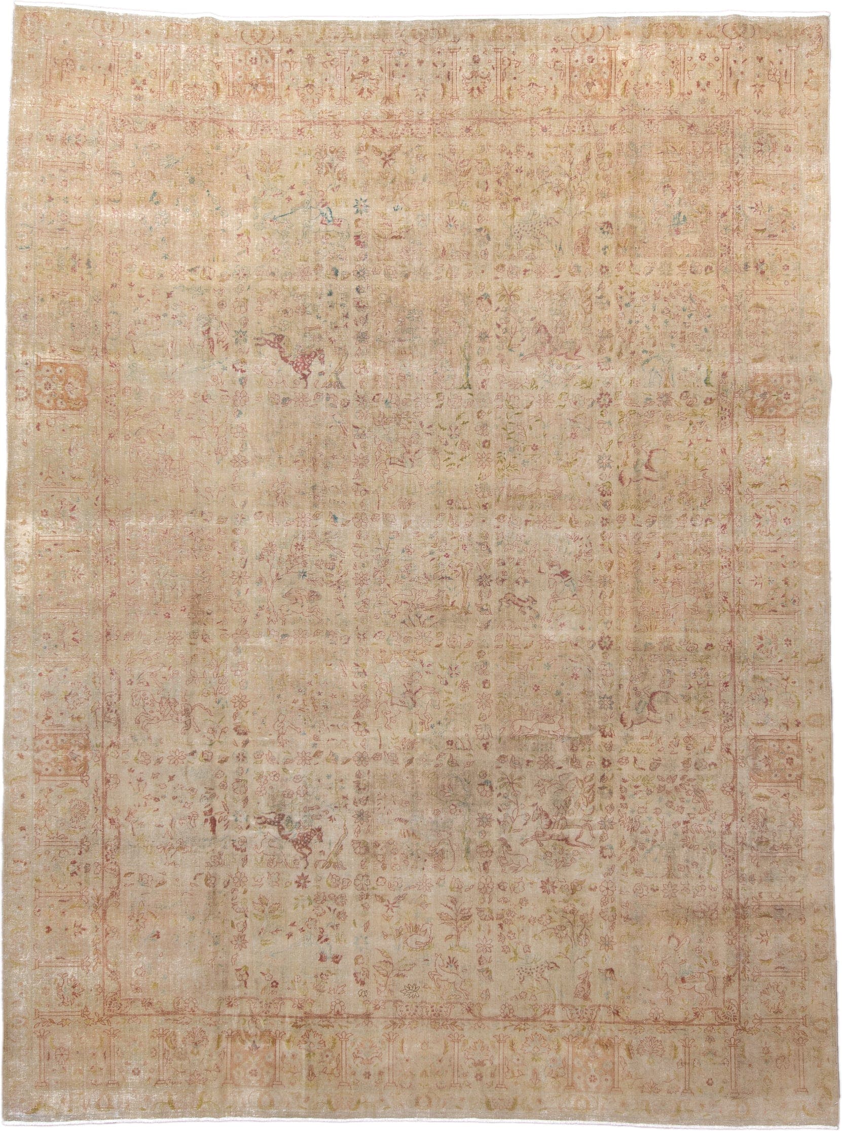 9' x 12' one-of-a-kind handmade vintage Tabriz large size rug. Color palette: ivory, blush, rose, sage, taupe, gold, peach