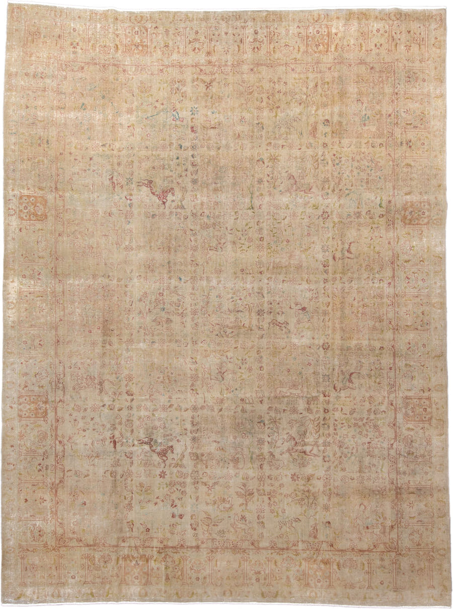 9' x 12' one-of-a-kind handmade vintage Tabriz large size rug. Color palette: ivory, blush, rose, sage, taupe, gold, peach
