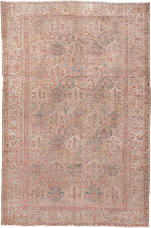 6' x 9' one-of-a-kind handmade antique Baktiary medium size rug. Color palette: ivory, blush, pale blue, rose, taupe, sage