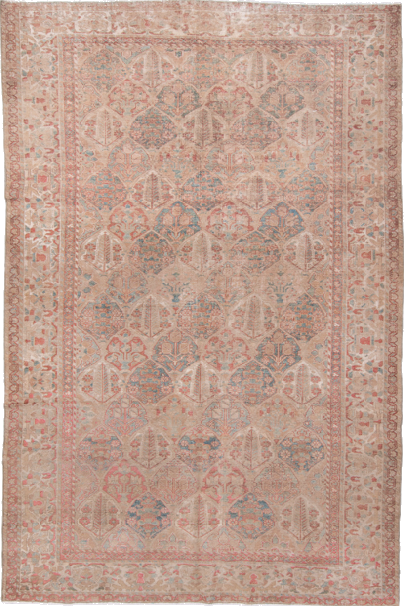 6' x 9' one-of-a-kind handmade vintage Baktiary medium size rug. Color palette: brown, gray, light gray, off-white, orange