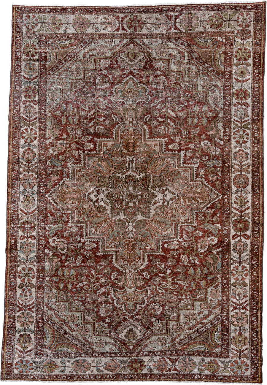 7' x 10' one-of-a-kind handmade antique Baktiary large size rug. Color palette: rust, ivory, taupe, sage, rose, brown, olive