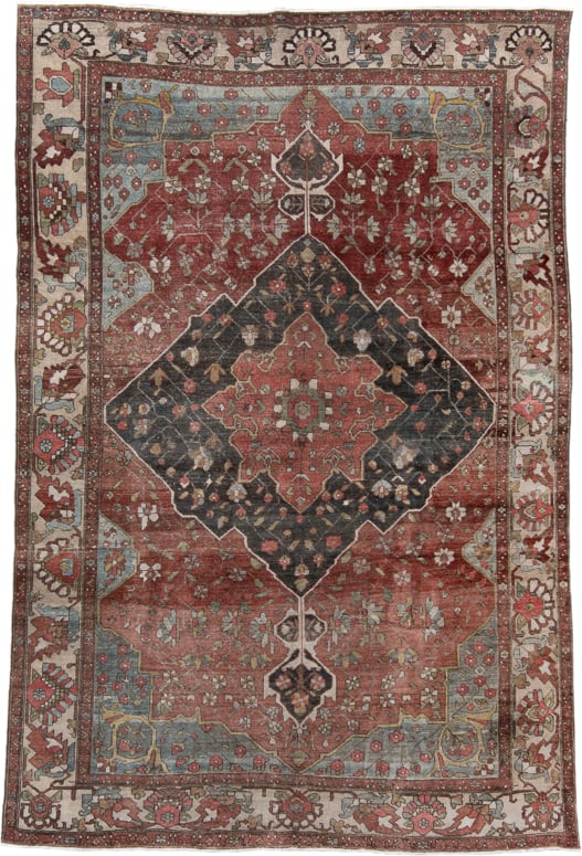 6' x 9' one-of-a-kind handmade vintage Far.Sarouk medium size rug. Color palette: rust, ivory, charcoal, sky_blue