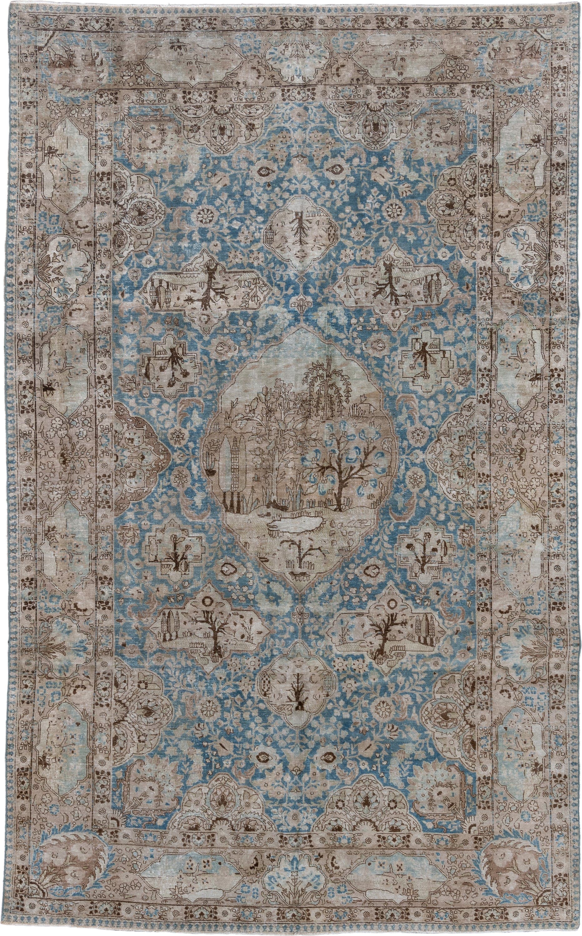 6' x 9' one-of-a-kind handmade antique Tabriz medium size rug. Color palette: sky blue, ivory, taupe, brown, beige