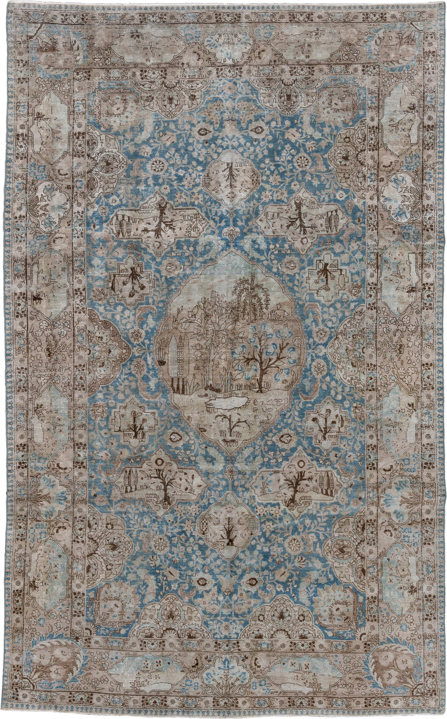 6' x 9' one-of-a-kind handmade antique Tabriz medium size rug. Color palette: sky blue, ivory, taupe, brown, beige