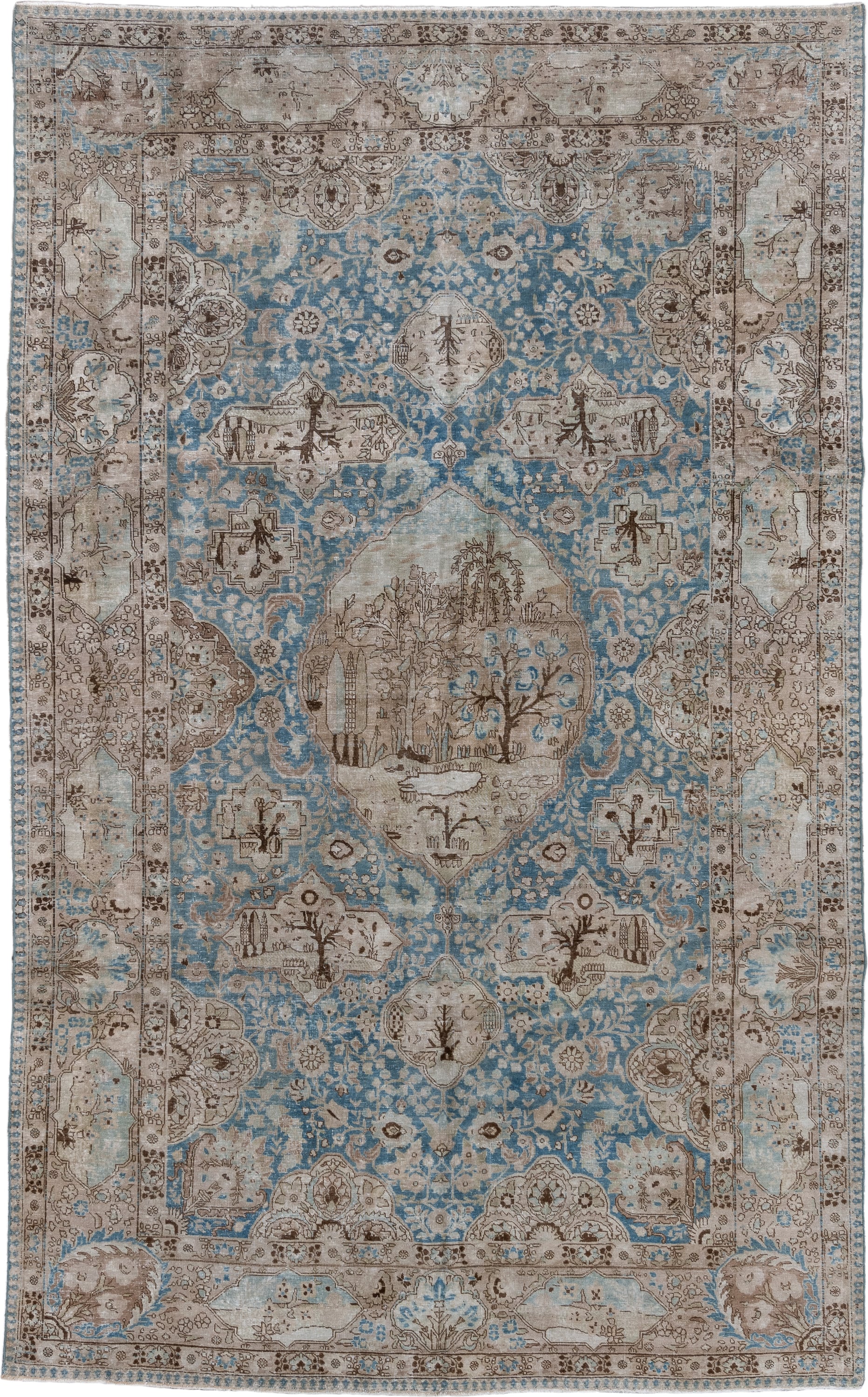 6' x 9' one-of-a-kind handmade antique Tabriz medium size rug. Color palette: sky blue, ivory, taupe, brown, beige
