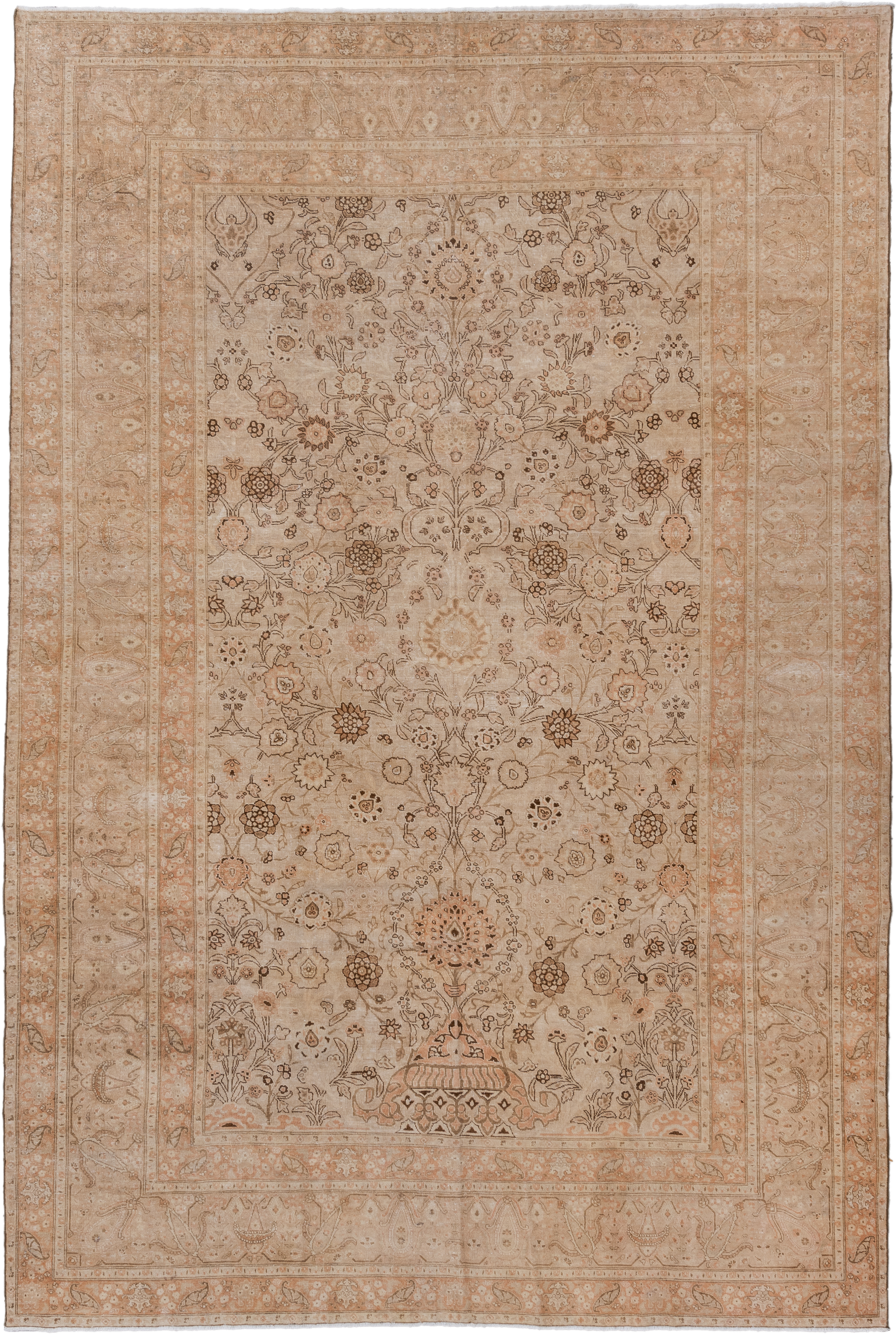 7' x 10' one-of-a-kind handmade antique Tabriz large size rug. Color palette: beige, blush, ivory, taupe, camel, peach