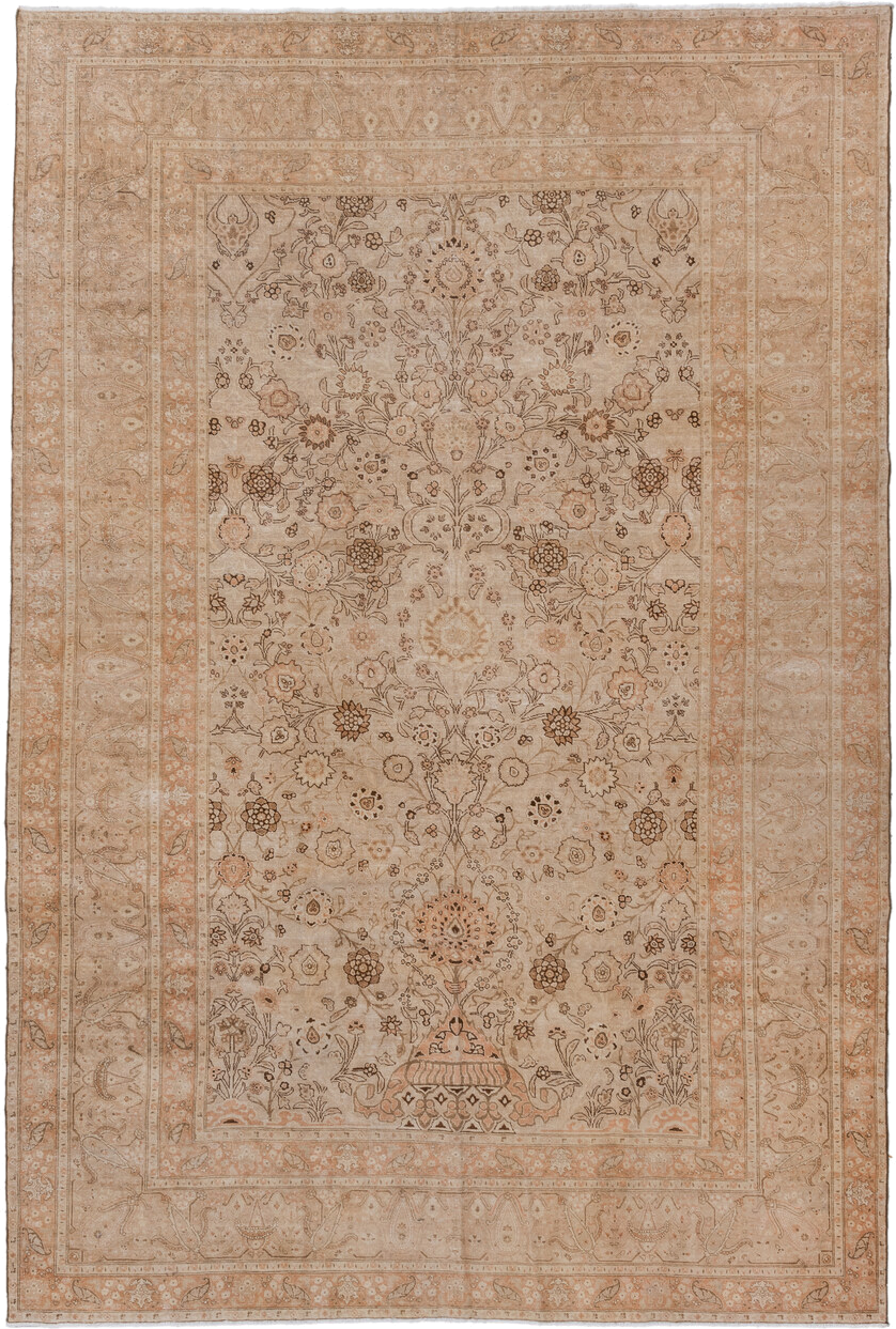 7' x 10' one-of-a-kind handmade antique Tabriz large size rug. Color palette: beige, blush, ivory, taupe, camel, peach