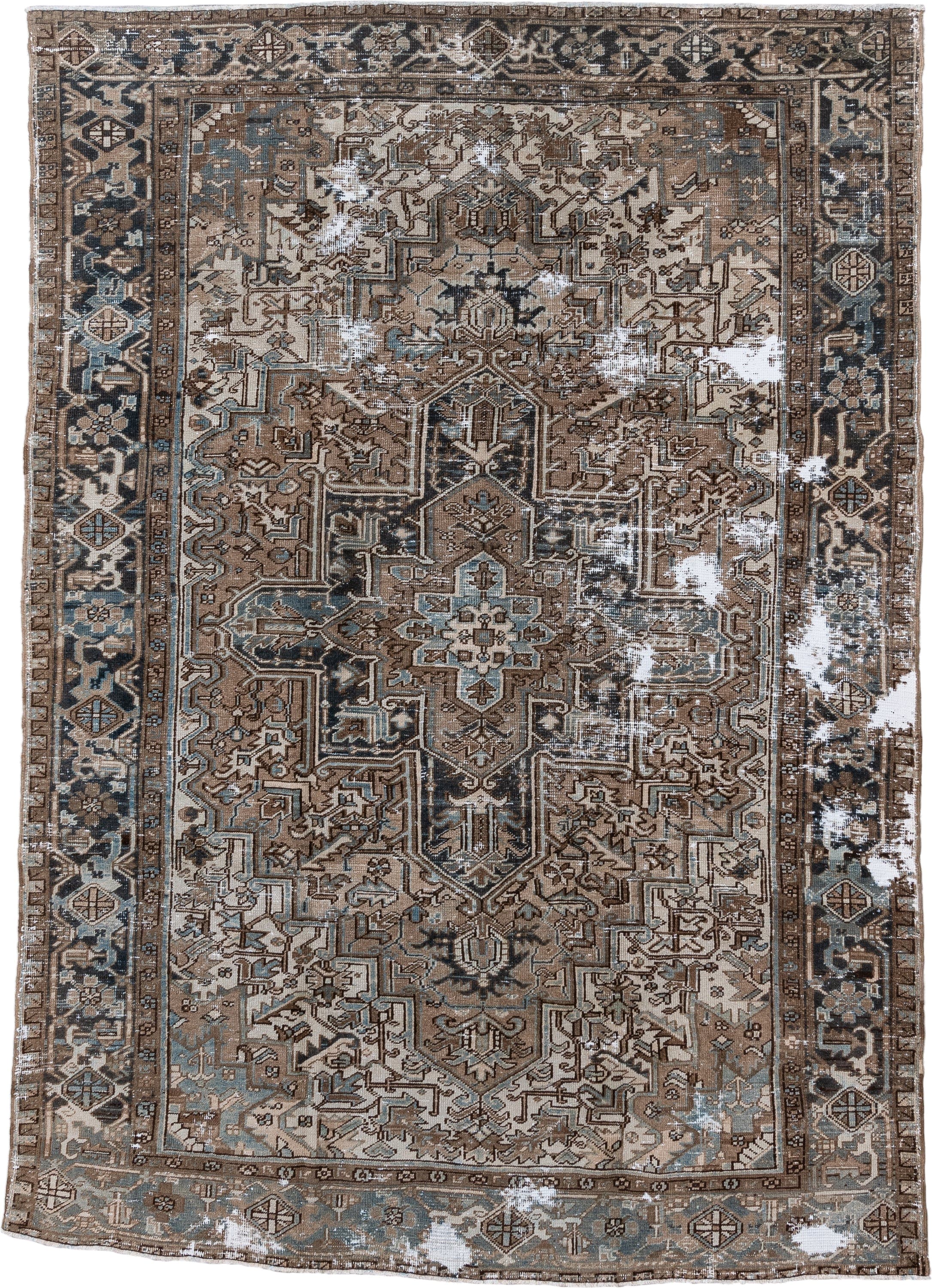 7' x 10' one-of-a-kind handmade antique Heriz large size rug. Color palette: taupe, brown, ivory, slate, charcoal, camel