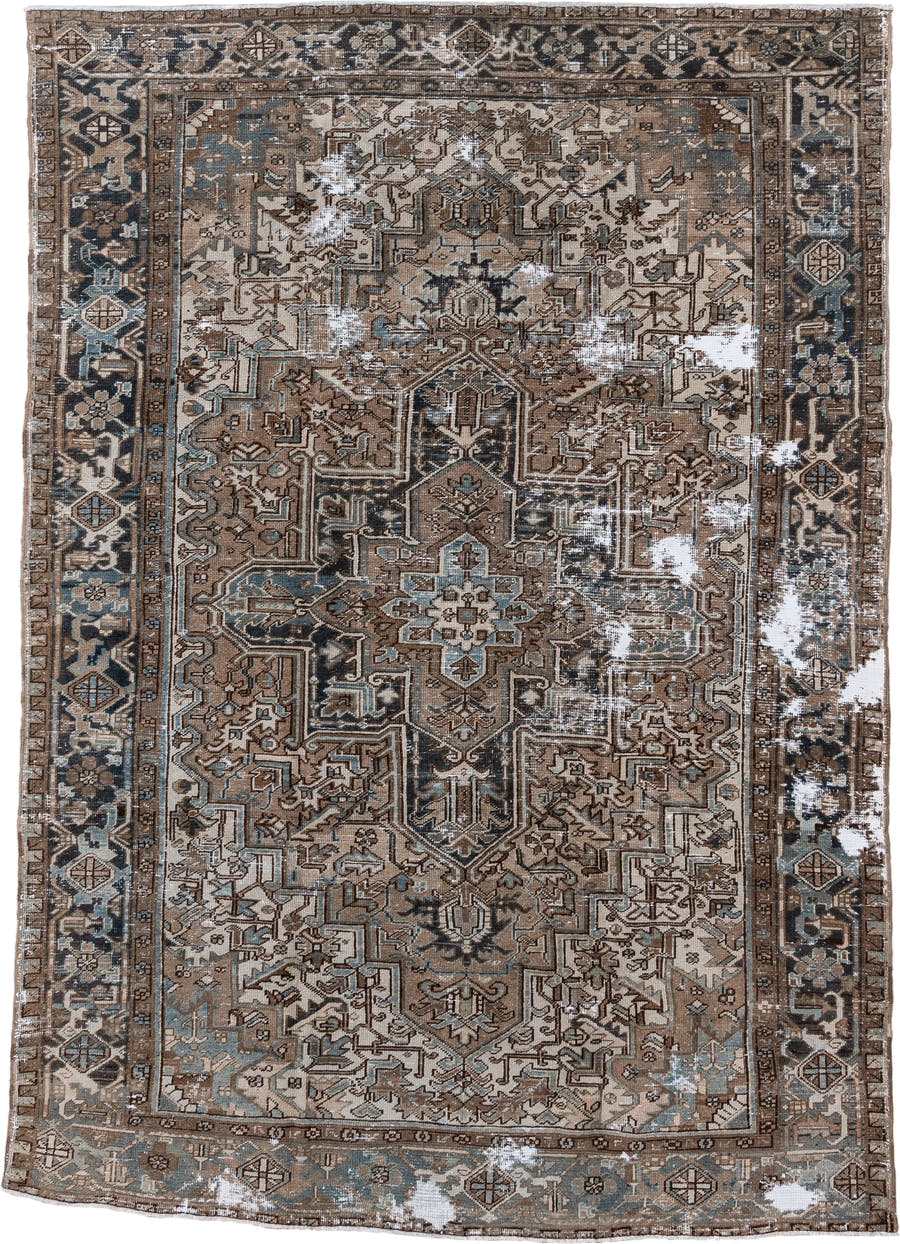 7' x 10' one-of-a-kind handmade antique Heriz large size rug. Color palette: taupe, brown, ivory, slate, charcoal, camel