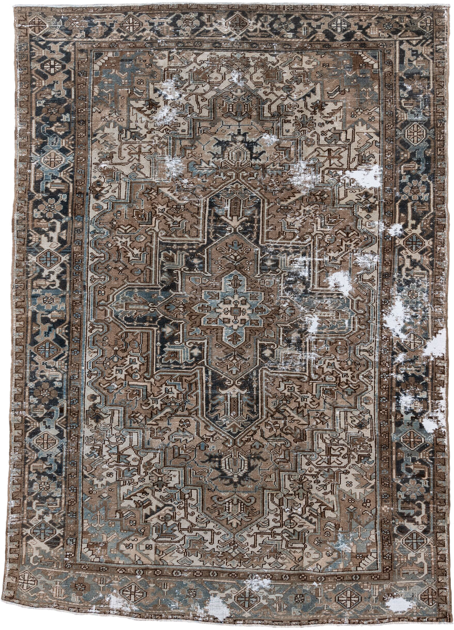 7' x 10' one-of-a-kind handmade antique Heriz large size rug. Color palette: taupe, brown, ivory, slate, charcoal, camel