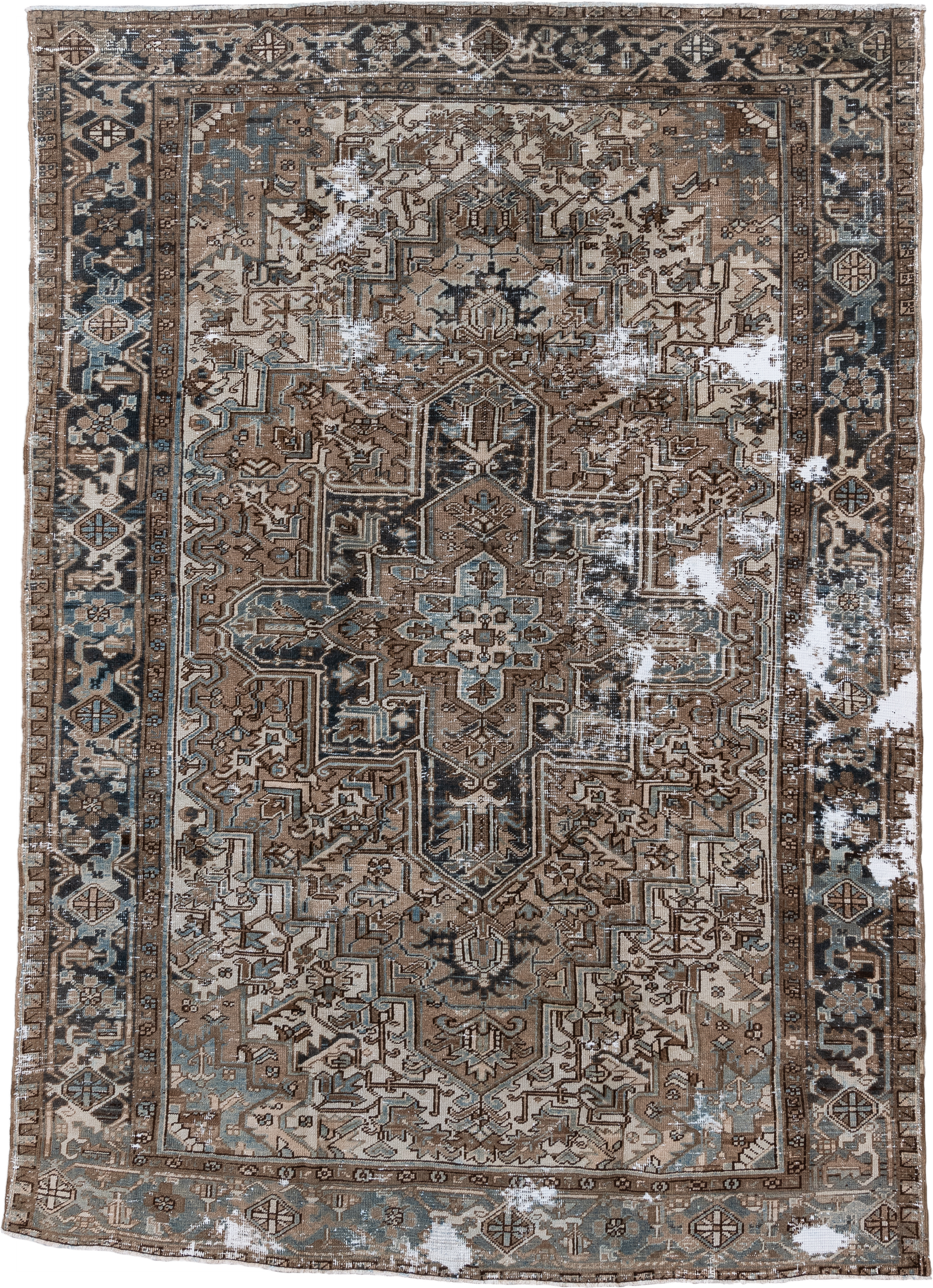 7' x 10' one-of-a-kind handmade antique Heriz large size rug. Color palette: taupe, brown, ivory, slate, charcoal, camel