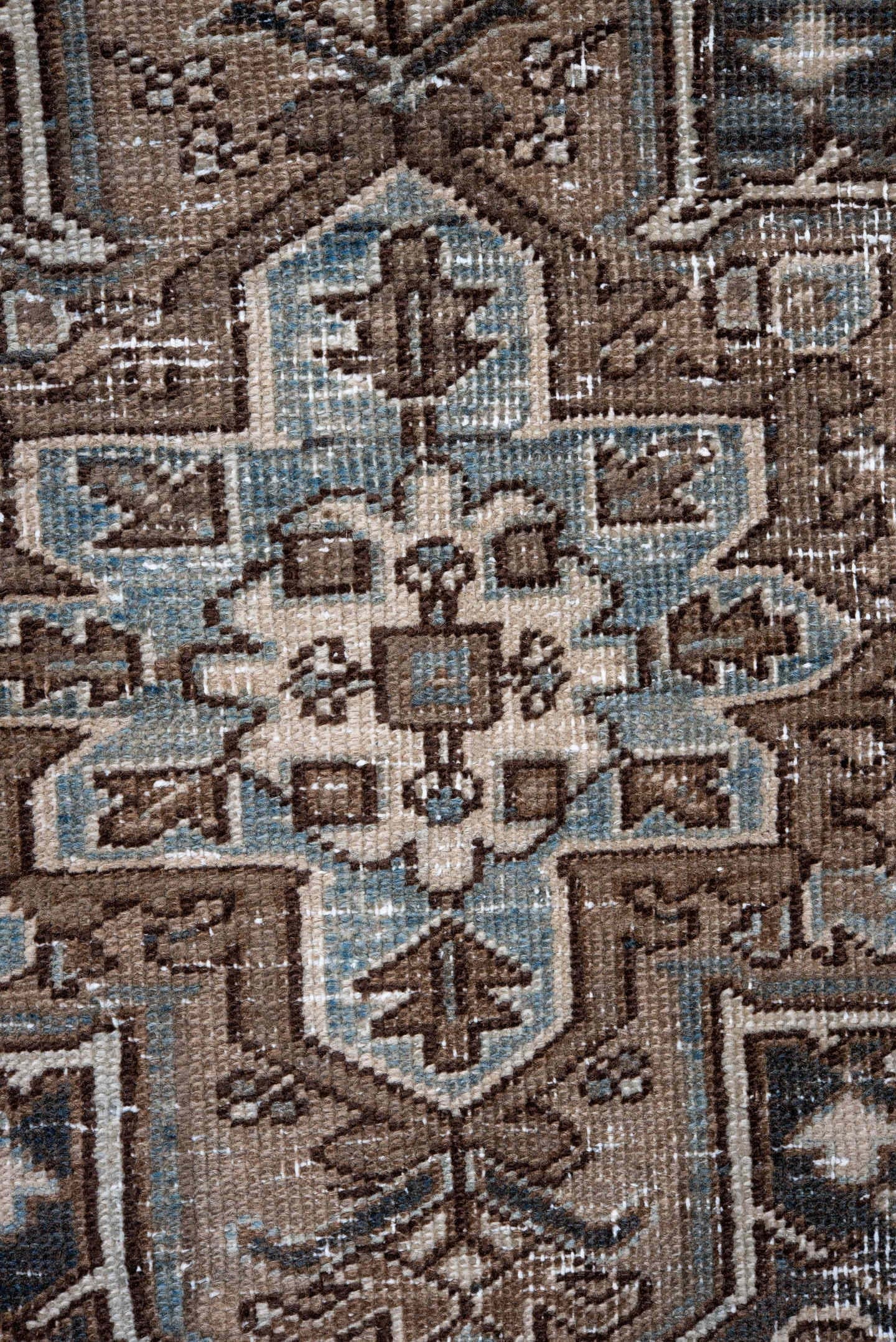 7' x 10' one-of-a-kind handmade antique Heriz large size rug. Color palette: taupe, brown, ivory, slate, charcoal, camel