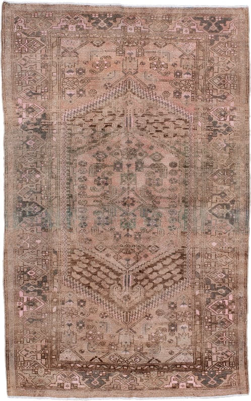 4' x 6' one-of-a-kind handmade antique Malayer small size rug. Color palette: blush, taupe, brown, charcoal, ivory, rose