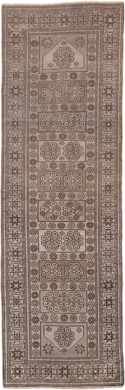 2' x 7' one-of-a-kind handmade antique Oushak runner rug. Color palette: taupe, brown, ivory, camel, beige, gray