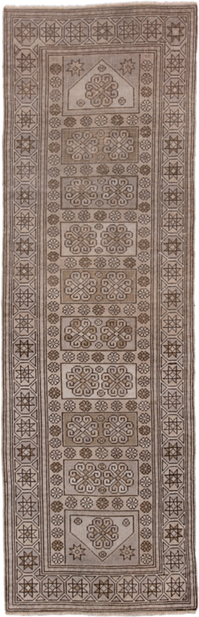 2' x 7' one-of-a-kind handmade antique Oushak runner rug. Color palette: taupe, brown, ivory, camel, beige, gray