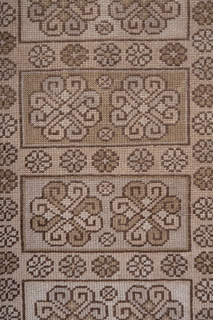 2' x 7' one-of-a-kind handmade antique Oushak runner rug. Color palette: taupe, brown, ivory, camel, beige, gray