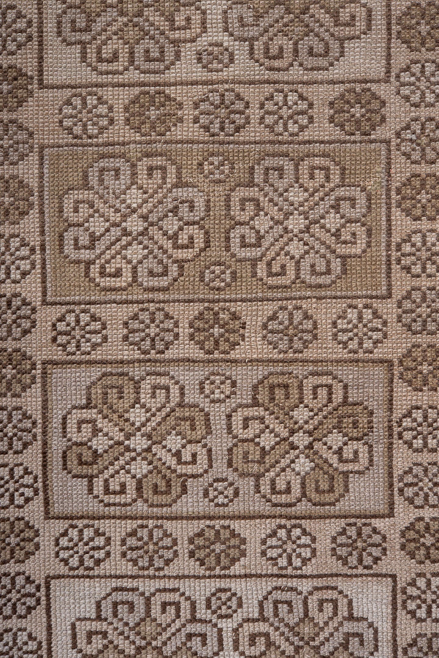 2' x 7' one-of-a-kind handmade antique Oushak runner rug. Color palette: taupe, brown, ivory, camel, beige, gray