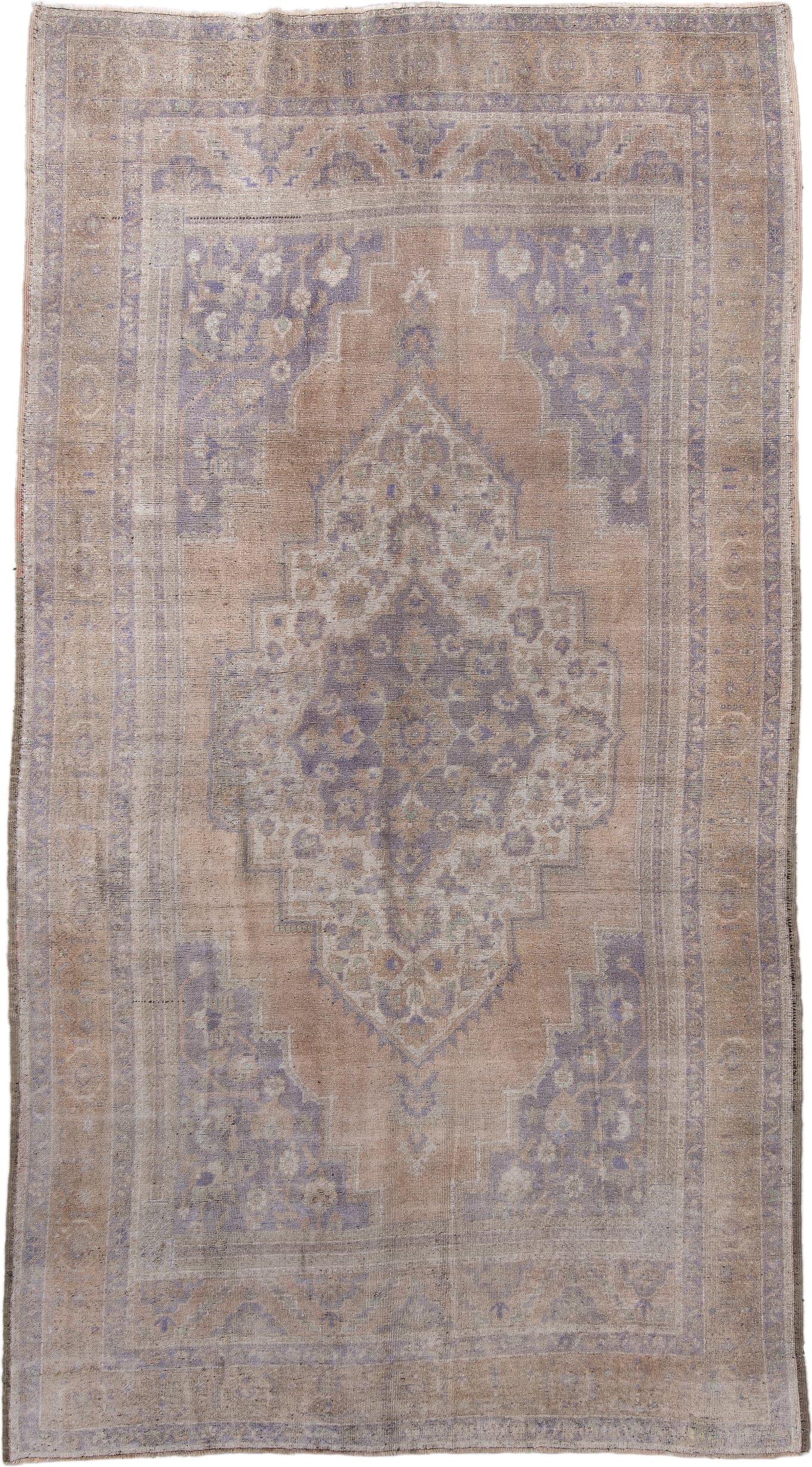 6' x 11' one-of-a-kind handmade vintage Oushak large size rug. Color palette: taupe, beige, lavender, ivory, dusty blue