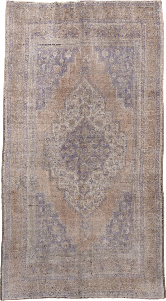 6' x 11' one-of-a-kind handmade vintage Oushak large size rug. Color palette: taupe, beige, lavender, ivory, dusty blue