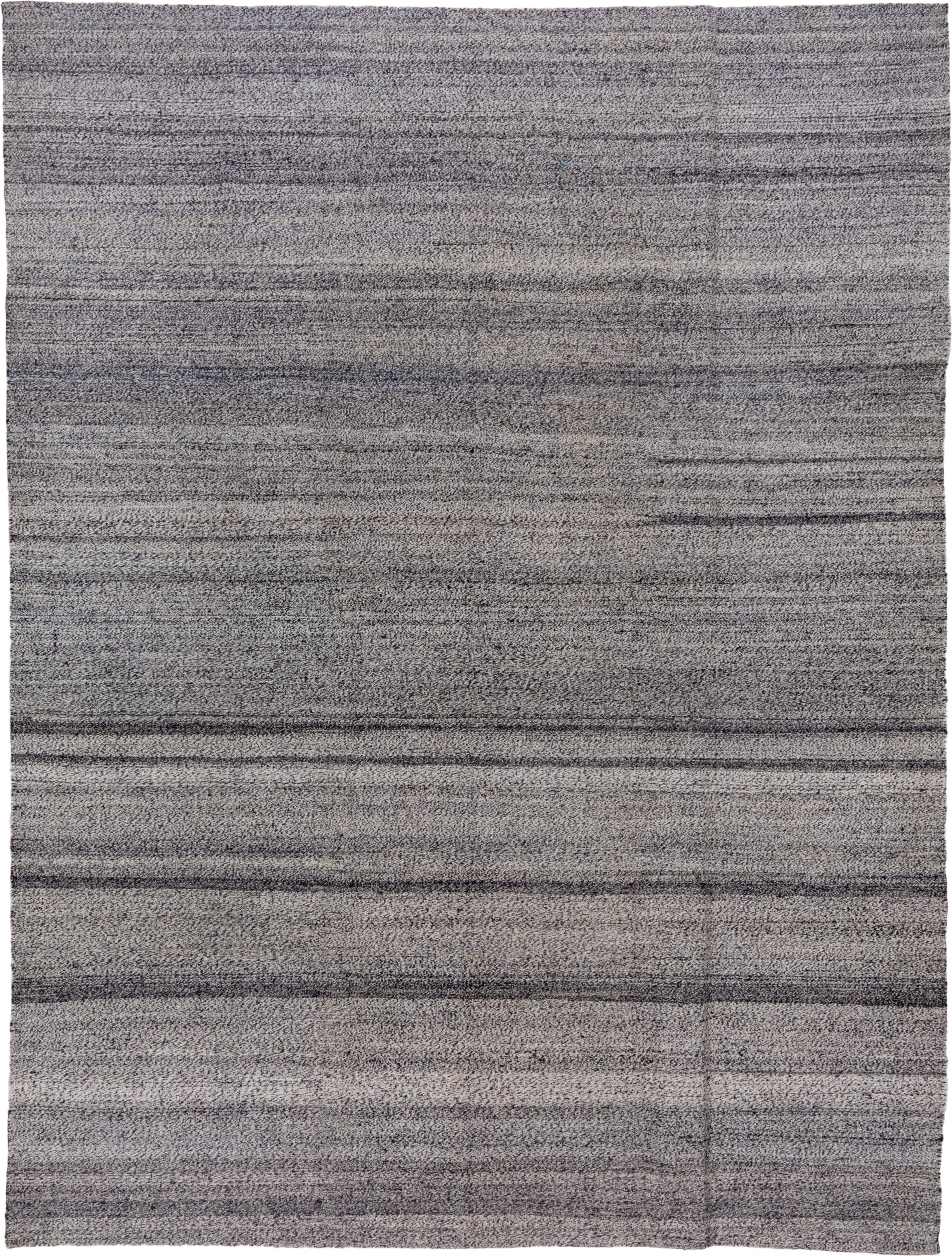 9' x 12' one-of-a-kind handmade vintage Kilim large size rug. Color palette: gray, charcoal, ivory, taupe, black, beige