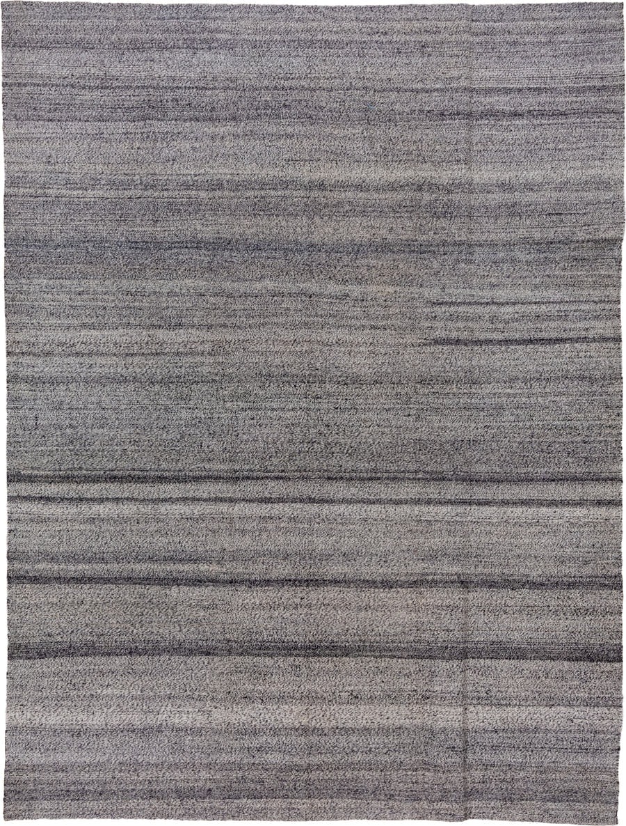 9' x 12' one-of-a-kind handmade vintage Kilim large size rug. Color palette: gray, charcoal, ivory, taupe, black, beige